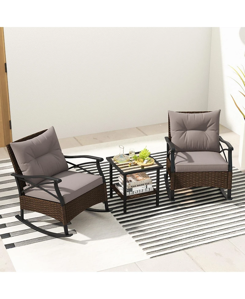 Slickblue 3-Piece Outdoor Rattan Rocking Chairs Set with 2-Tier Side Table for Garden and Backyard