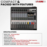 5 Core Audio Mixer 8 Channel Dj Controller Professional Sound Board Bluetooth Usb 48V Mx 8CH L