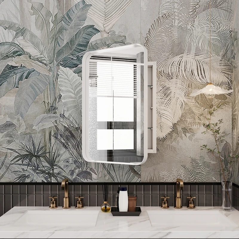 Recessed White Metal Medicine Cabinet with Mirror and Shelves
