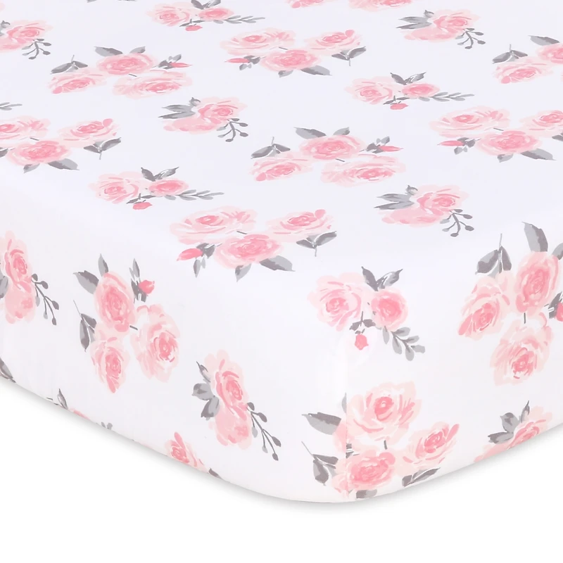 The Peanutshell Fitted Crib Sheet Set for Baby Girls, Pink Roses and Floral, 4 Pack Set