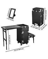 Byootique Rolling Makeup Train Case Patented Design Pedicure Nail Salon Nail Foldable Trolley Cosmetic Organizer Black with Stool
