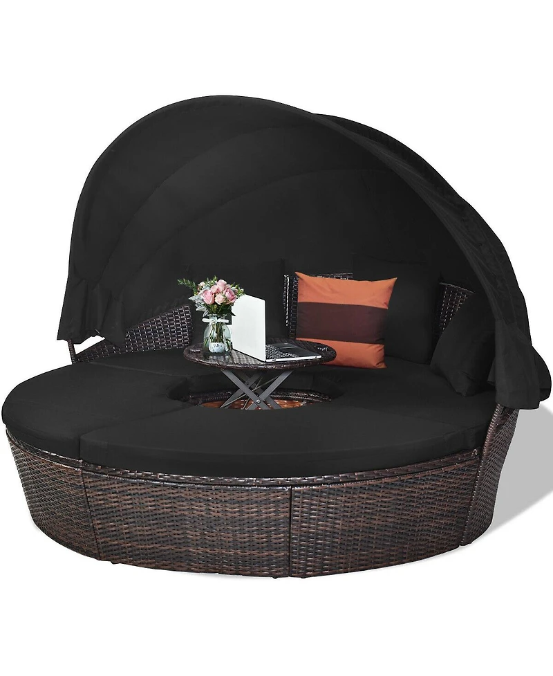Slickblue Patio Round Daybed Rattan Furniture Sets with Canopy