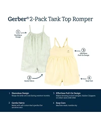 Gerber Baby Girls Baby Baby Sleeveless Romper Jumpsuit, 2 Pack