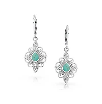 Bling Jewelry Filigree Teardrop Natural Turquoise Lever Back Dangle Earrings Western Style Sterling Silver