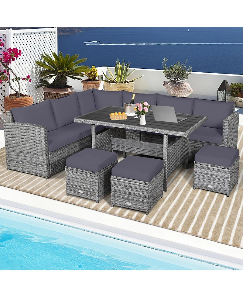 7 Pieces Patio Rattan Dining Furniture Sectional Sofa Set with Wicker Ottoman-Grey