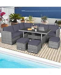 7 Pieces Patio Rattan Dining Furniture Sectional Sofa Set with Wicker Ottoman-Grey