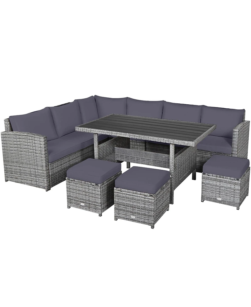 7 Pieces Patio Rattan Dining Furniture Sectional Sofa Set with Wicker Ottoman-Grey