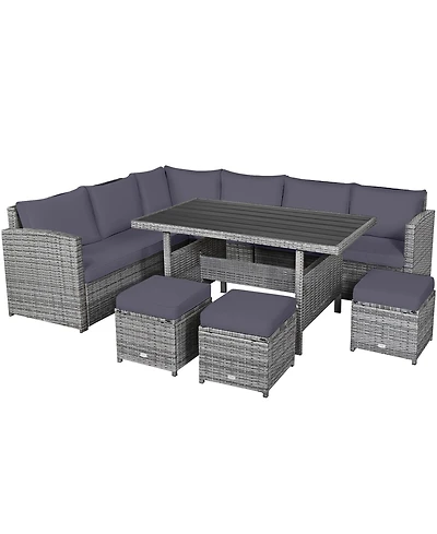 7 Pieces Patio Rattan Dining Furniture Sectional Sofa Set with Wicker Ottoman-Grey