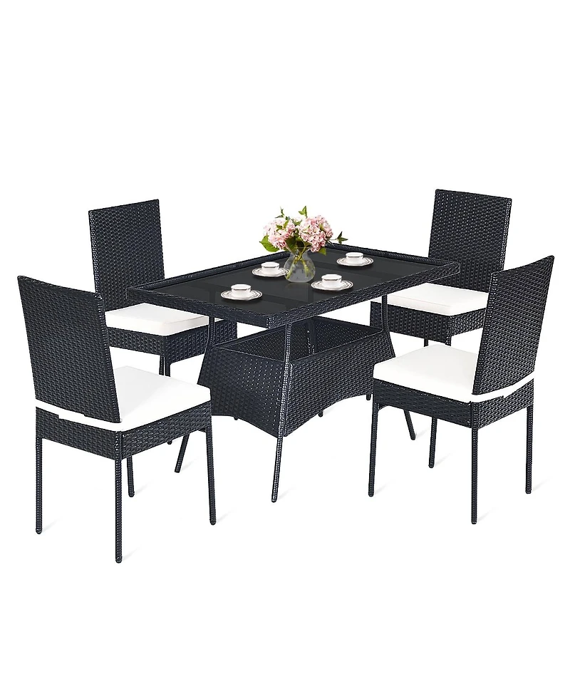 5 Pieces Rattan Dining Set with Glass Table and High Back Chair