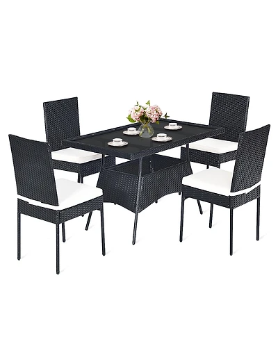 5 Pieces Rattan Dining Set with Glass Table and High Back Chair