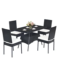 5 Pieces Rattan Dining Set with Glass Table and High Back Chair
