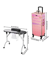 Byootique 4in1 Rolling Makeup Train Case w/ Manicure Table Nail Desk Wheels