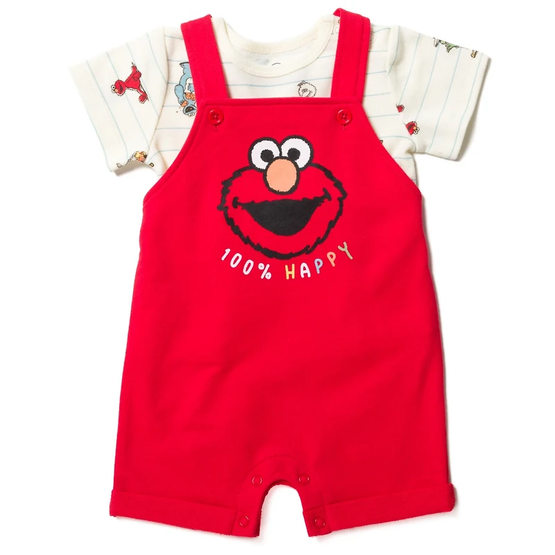Sesame Street Toddler Boys Elmo French Terry Short Overalls T-Shirt and Hat 3 Piece Outfit Set Newborn to