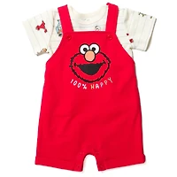 Sesame Street Toddler Boys Elmo French Terry Short Overalls T-Shirt and Hat 3 Piece Outfit Set Newborn to