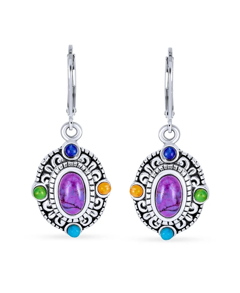 Bling Jewelry Western Style Multicolor Purple Natural Turquoise Oval Framed Dangle Lever Back Earrings Oxidized Sterling Silver