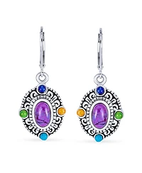 Bling Jewelry Western Style Multicolor Purple Natural Turquoise Oval Framed Dangle Lever Back Earrings Oxidized Sterling Silver