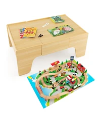 Slickblue 84-Piece Wooden Train Set with Reversible and Detachable Tabletop