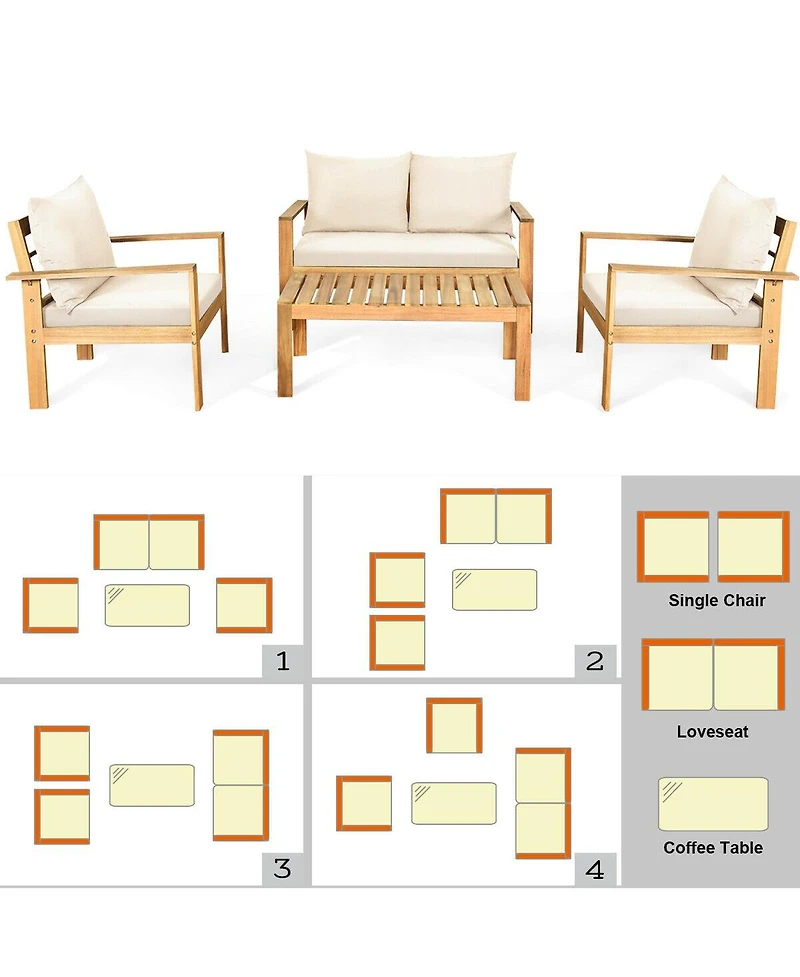 Skonyon Outdoor 4 Pieces Acacia Wood Chat Set with Water Resistant Cushions