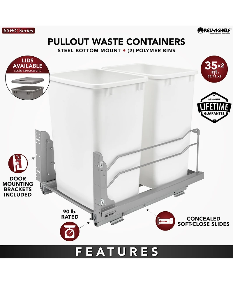 Rev-a-Shelf Double Pull Out Trash Can 35 Qt with Soft-Close, 53WC-1835SCDM-213