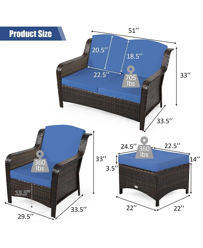 5 Pieces Patio Rattan Sofa Set with Cushion and Ottoman