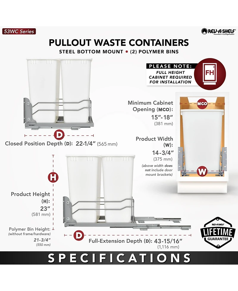 Rev-a-Shelf Double Pull Out Trash Can 50 Qt with Soft-Close, 53WC-2150SCDM-211