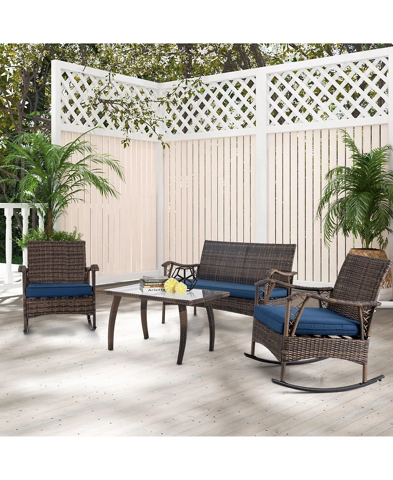 Slickblue 4 Pieces Wicker Rocking Set with Bungee Rope Seat for Porch Yard-Navy