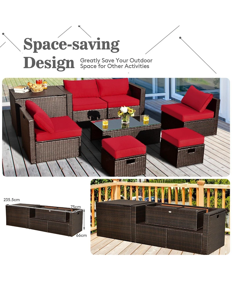 Skonyon 8 Pieces Patio Space-Saving Rattan Furniture Set with Storage Box and Waterproof Cover