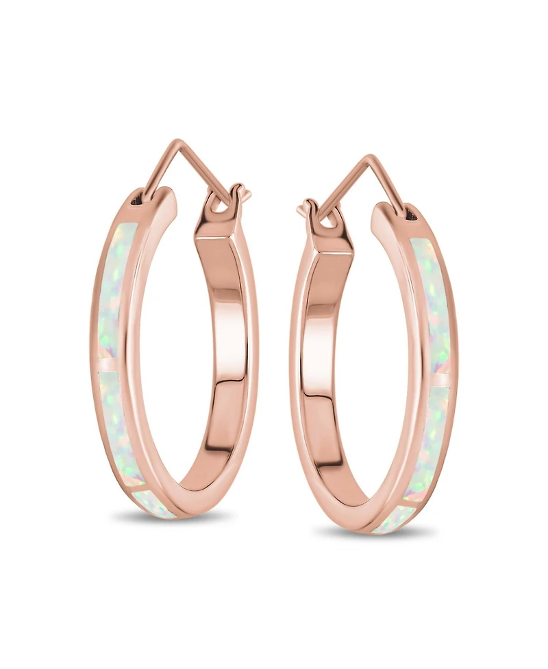 Bling Jewelry Created White Blue Opal Inlay Thin Flat Tube Large Hoop Earrings Rose Gold .925 Sterling Silver