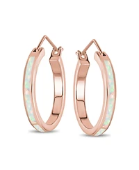 Bling Jewelry Created White Blue Opal Inlay Thin Flat Tube Large Hoop Earrings Rose Gold .925 Sterling Silver