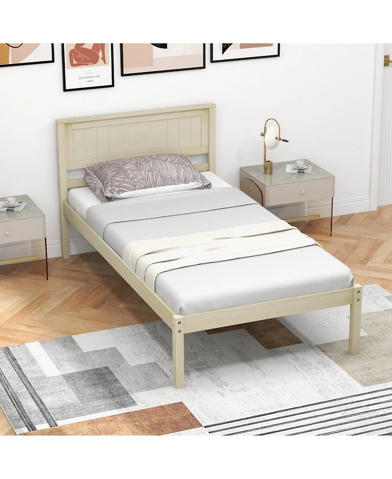 Sugift Twin Size Wooden Bed Frame with Headboard and Slat Support