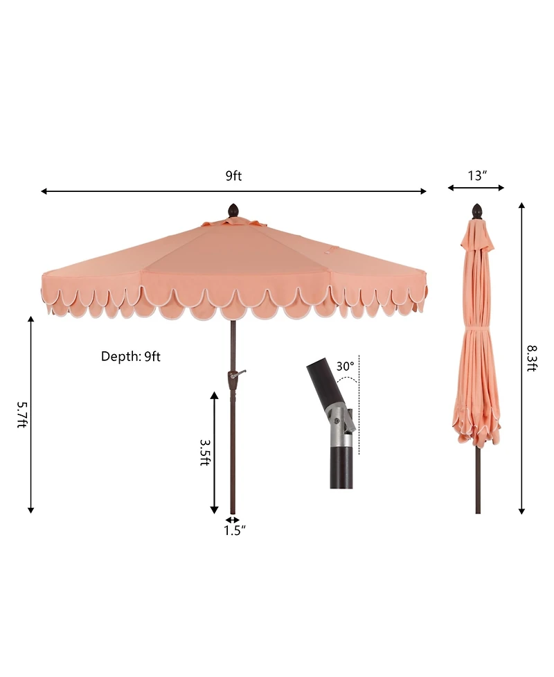 Jonathan Y Tracy 9 ft. Classic MidCentury Scalloped Fringe Market Patio Umbrella with Auto-Tilt Crank, Wind Vent and Uv Protection in Coral