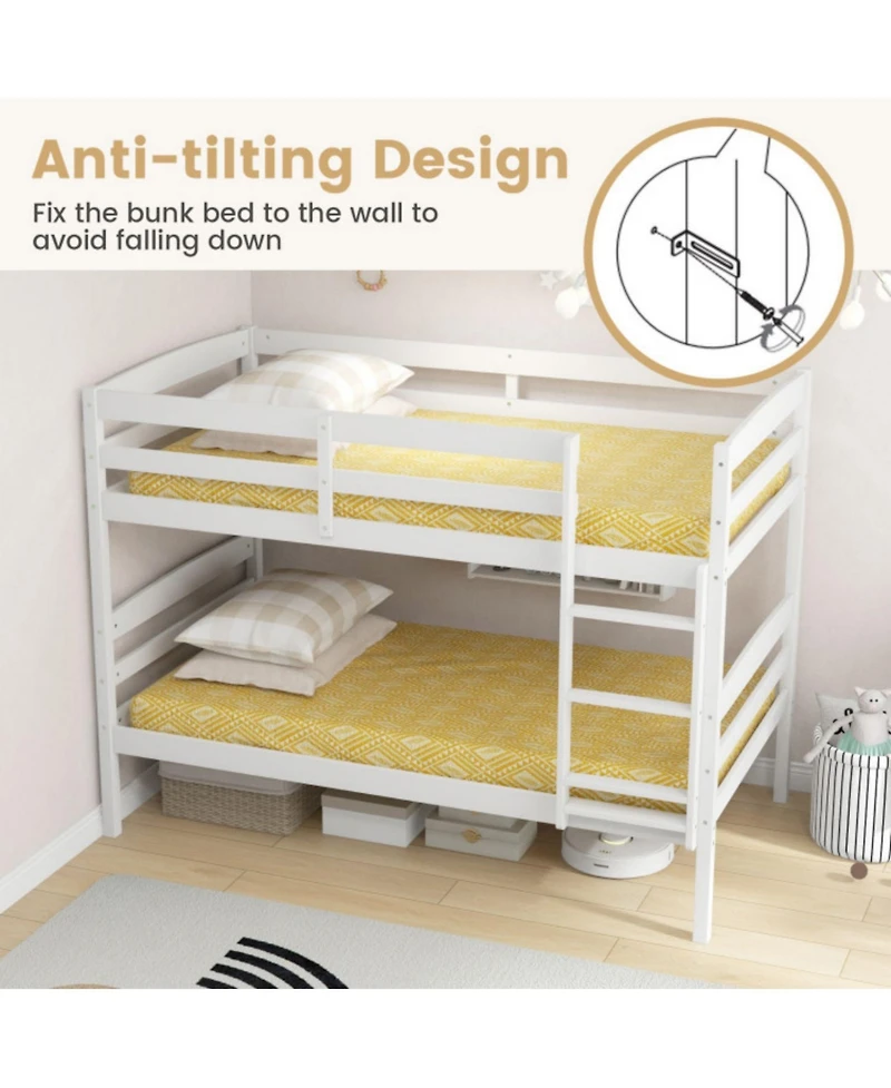 Sugift Solid Wood Twin Over Bunk Bed Frame with High Guardrails and Integrated Ladder