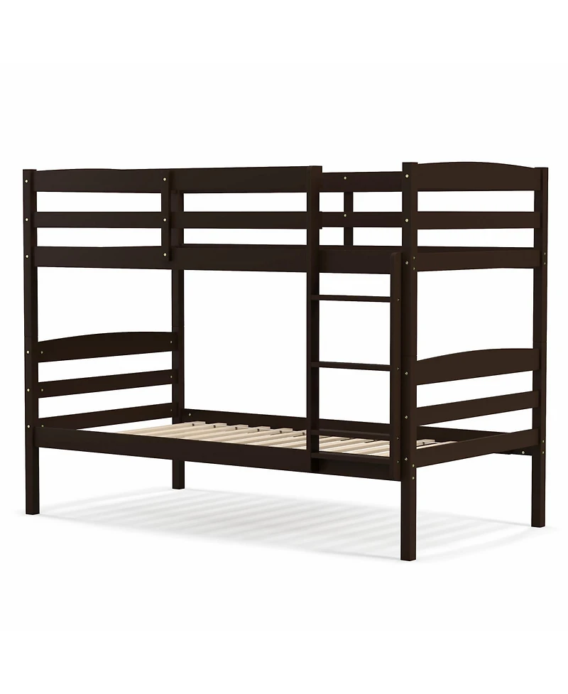 Sugift Solid Wood Twin Over Bunk Bed Frame with High Guardrails and Integrated Ladder