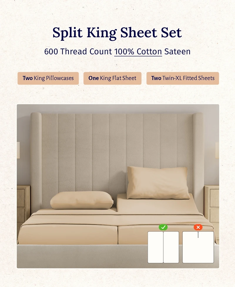 5-Star Luxury 100% Cotton Split King Sheets Set - 600 Thread Count Sateen, Soft & Crisp Bed Sheets