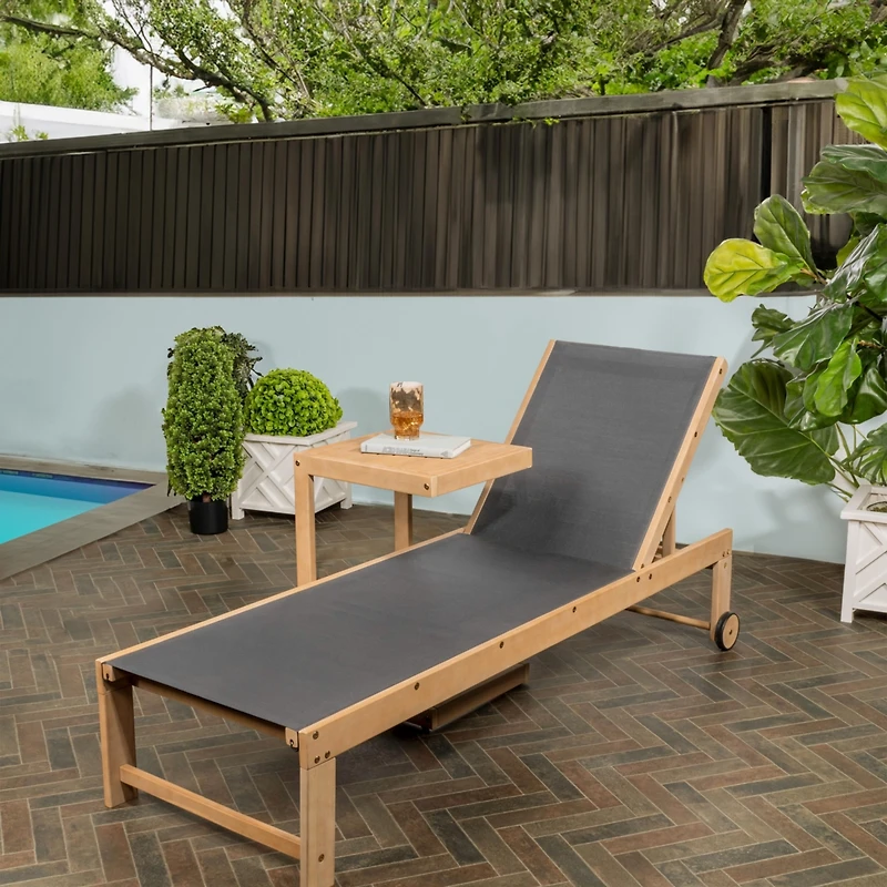 Jonathan Y Trabuco Coastal Modern Acacia Wood Mesh 3-Position Outdoor Chaise Lounge Set with Side Table, Dark Gray/Teak Brown