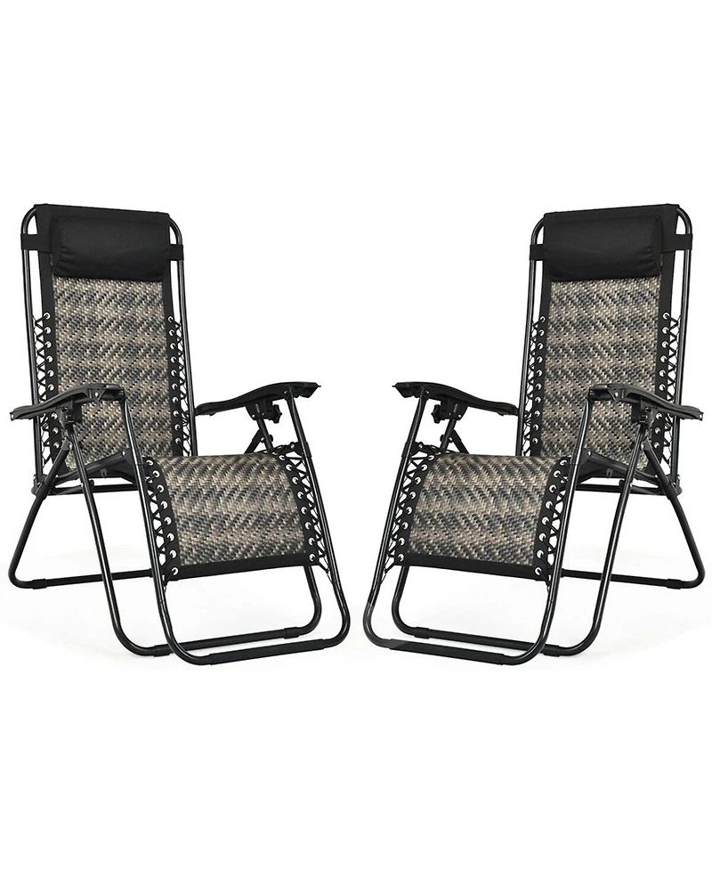 Gymax Set of 2 Folding Rattan Patio Zero Gravity Lounge Chair Recliner w/ Headrest