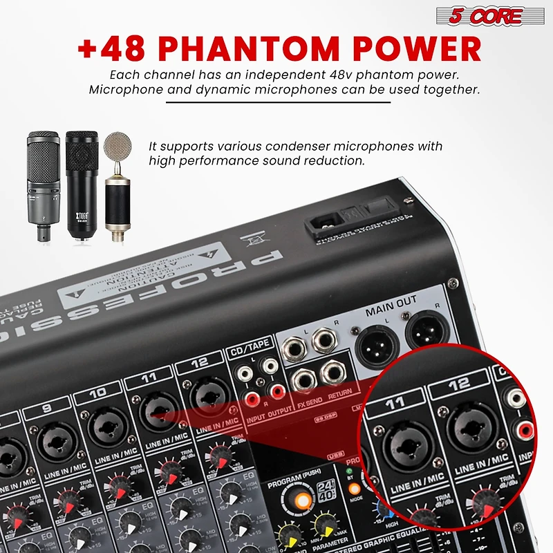 5 Core Audio Dj Mixer 12 Channel Sound Board L Shape w Bluetooth Usb 99 Dsp Effects 48V Phantom Power - Mx 12CH L