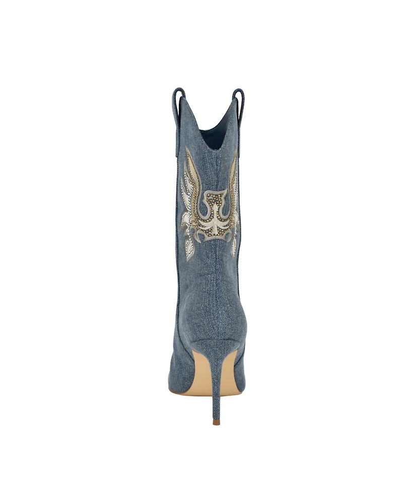 Guess Women's Rasima Denim Rhinestone Embellished High Heel Western Boots