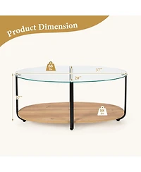 Givimo 2-Tier Glass-Top Oval Coffee Table with Wooden Shelf for Living Room