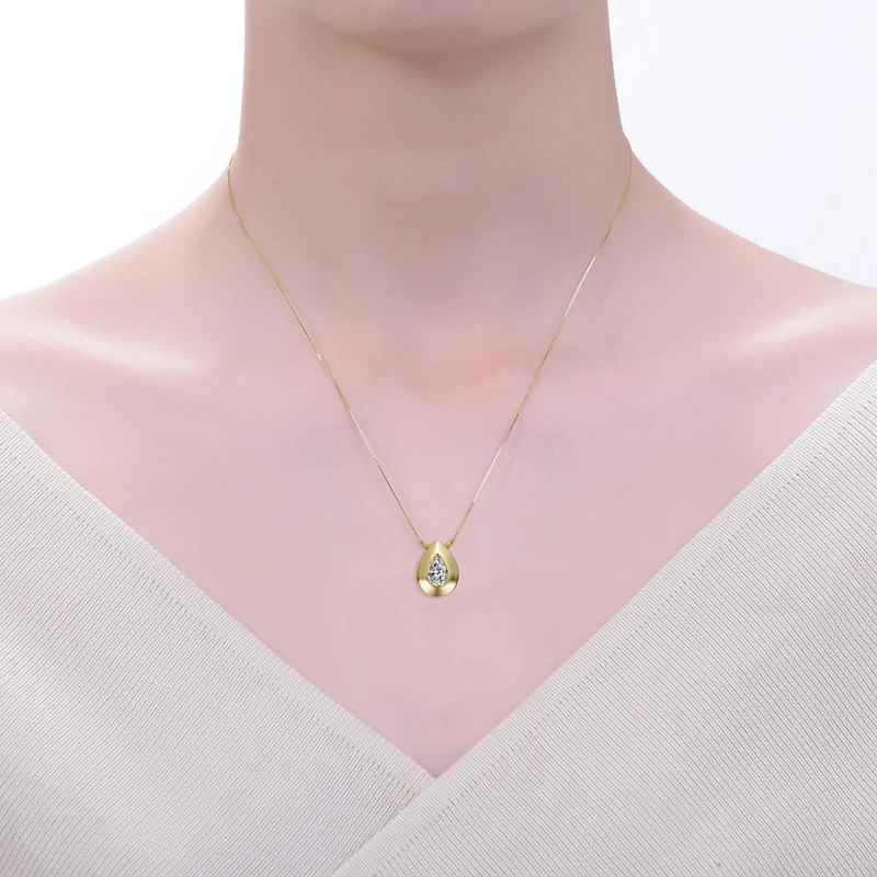 Sterling Silver 14k Gold Plated Raindrop Pear-Shaped Cubic Zirconia Bezel Solitaire Necklace