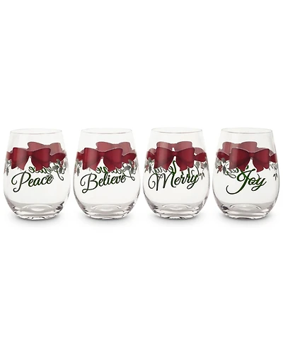Winterberry Red Ribbon Stemless Wine Glasses, Set of 4