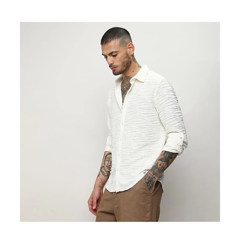 Men's Ivory White Self-Design Wave Shirt