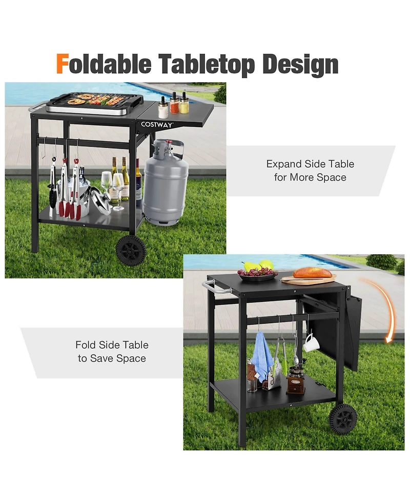 Givimo Movable Outdoor Grill Cart with Folding Tabletop and Hooks