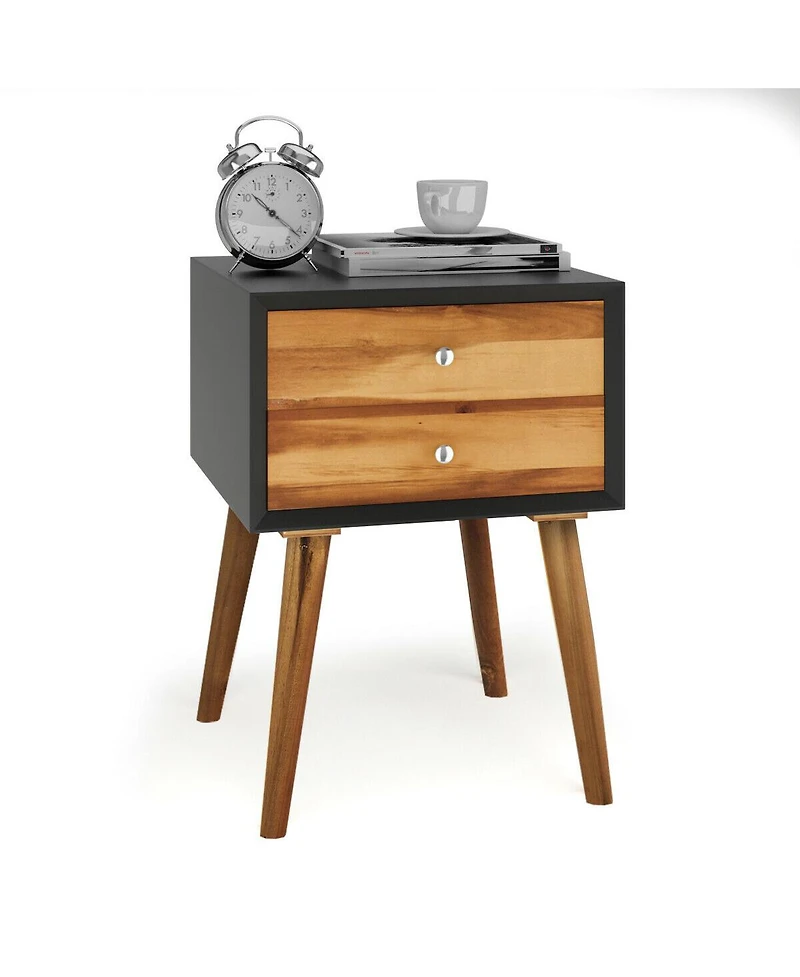 Sugift Mid-Century Wooden Multipurpose End Table with 2 Storage Drawers