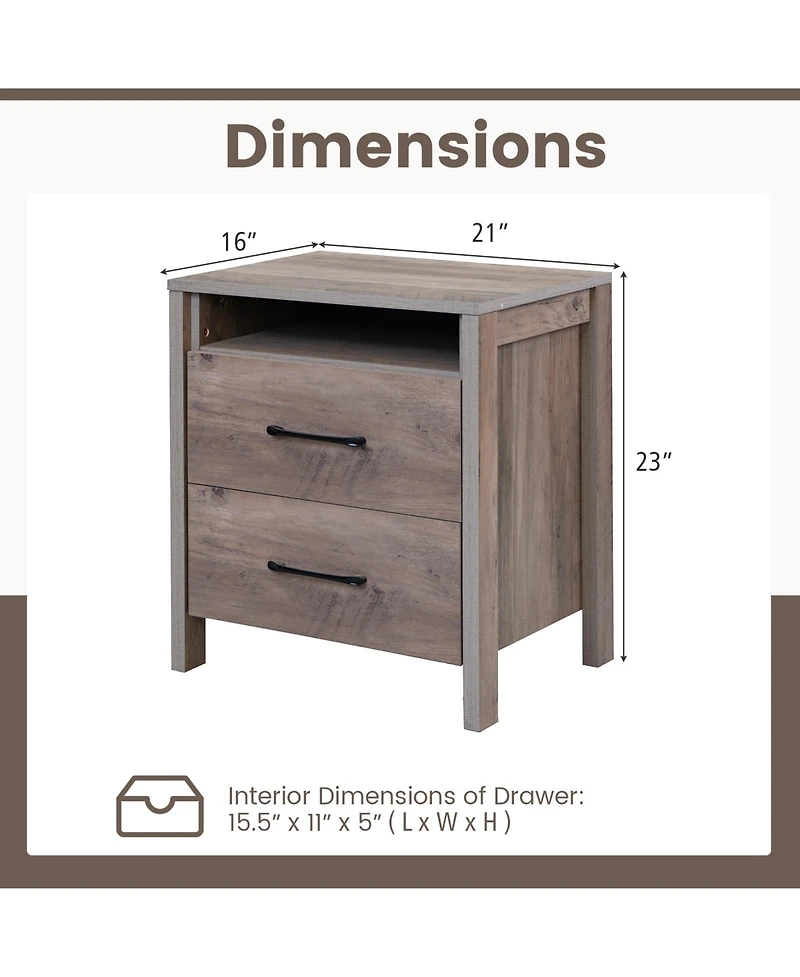 Sugift Nightstand with 2 Drawers Farmhouse Bed Side Table with Open Storage Shelf