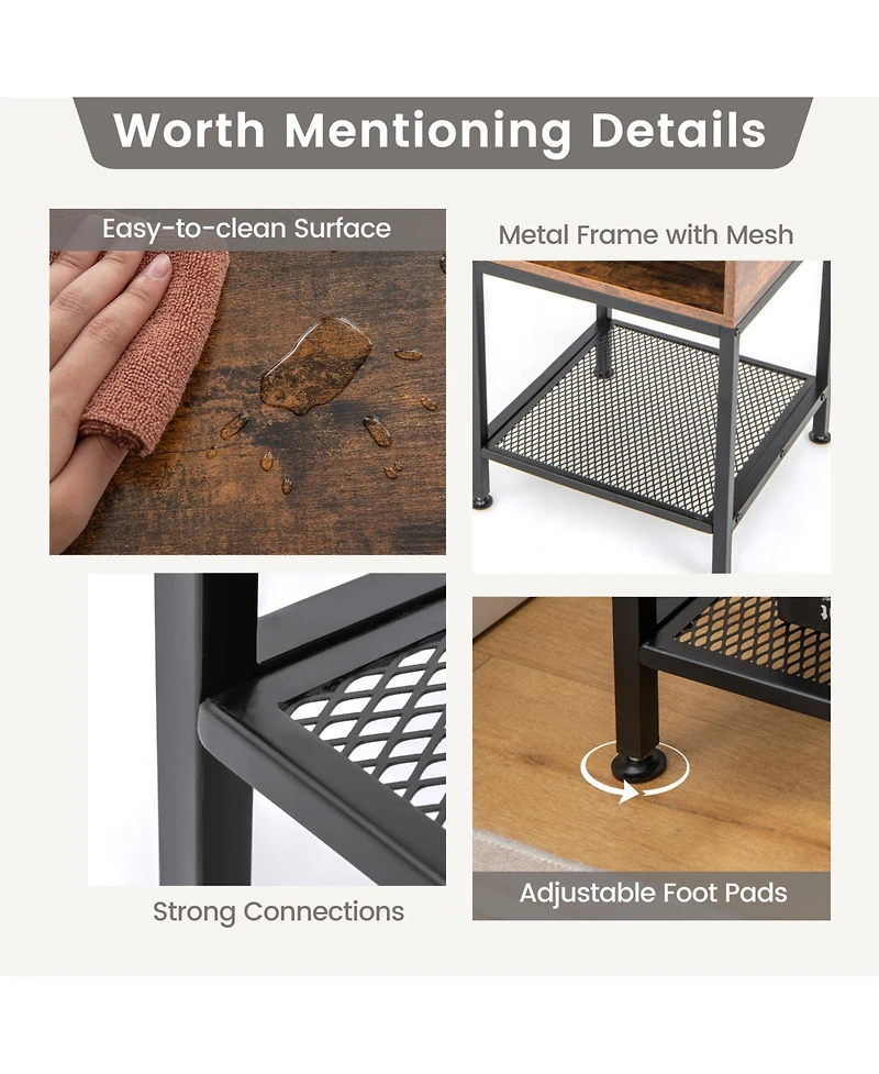 Sugift Industrial Nightstand End Side Table with Mesh Shelf