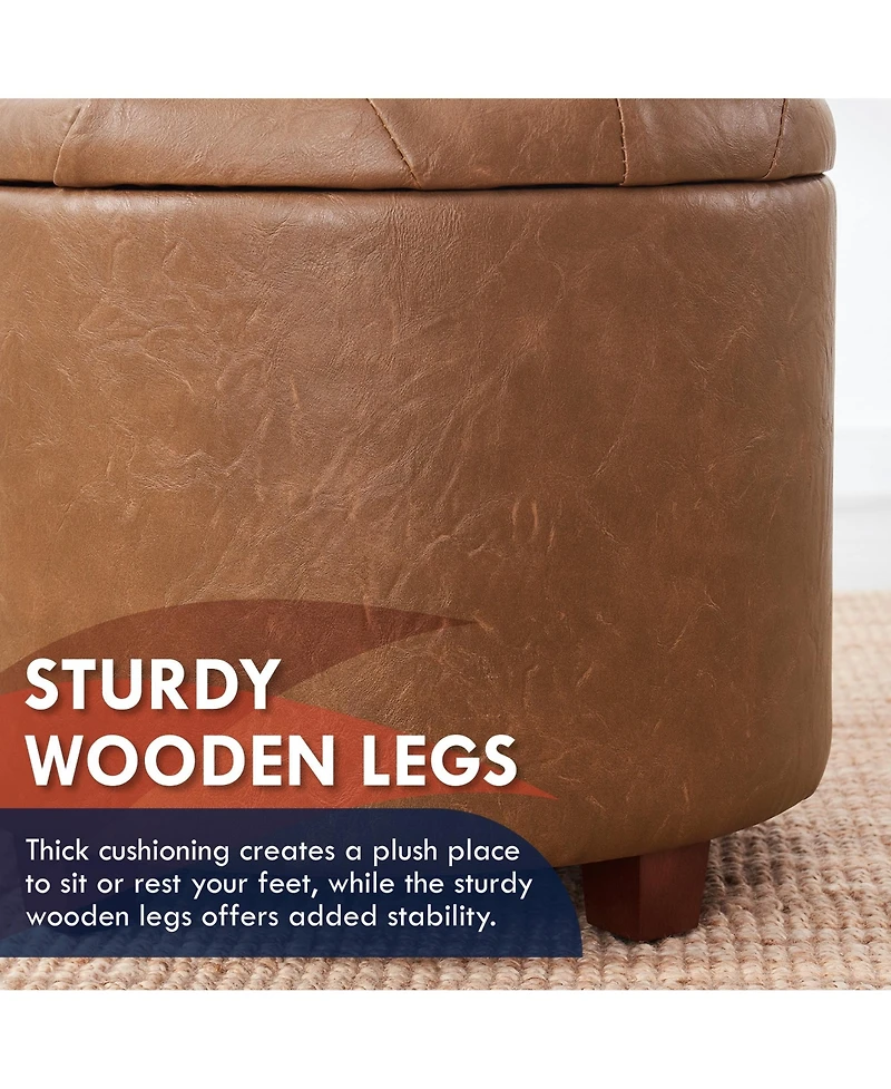 Faux Leather Round Storage Ottoman with Legs and Lift Off Lid