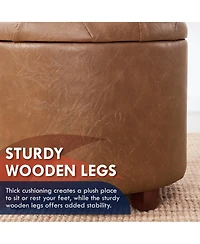 Faux Leather Round Storage Ottoman with Legs and Lift Off Lid