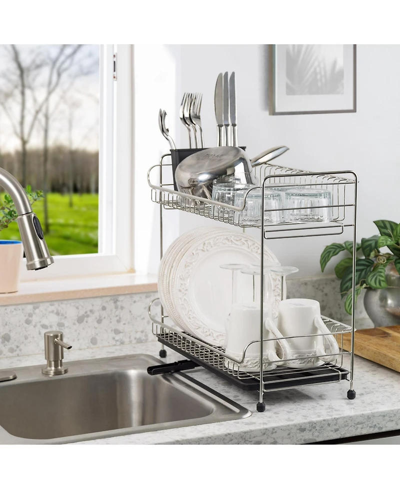 Iris Usa 2-tier Slim-sized Dish Rack with Drain Spout, Black
