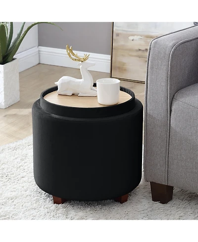 Lawrence Round Velvet Storage Ottoman with Table Top Lid